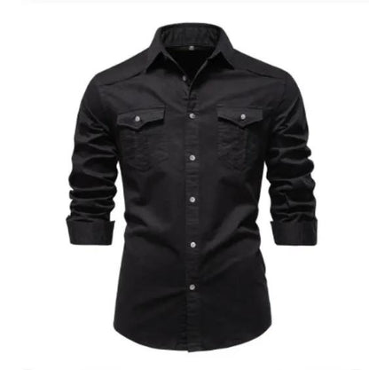 Men's Long-sleeved Denim Shirt Casual Solid Button Slim Tops Clothing by Dropshipman