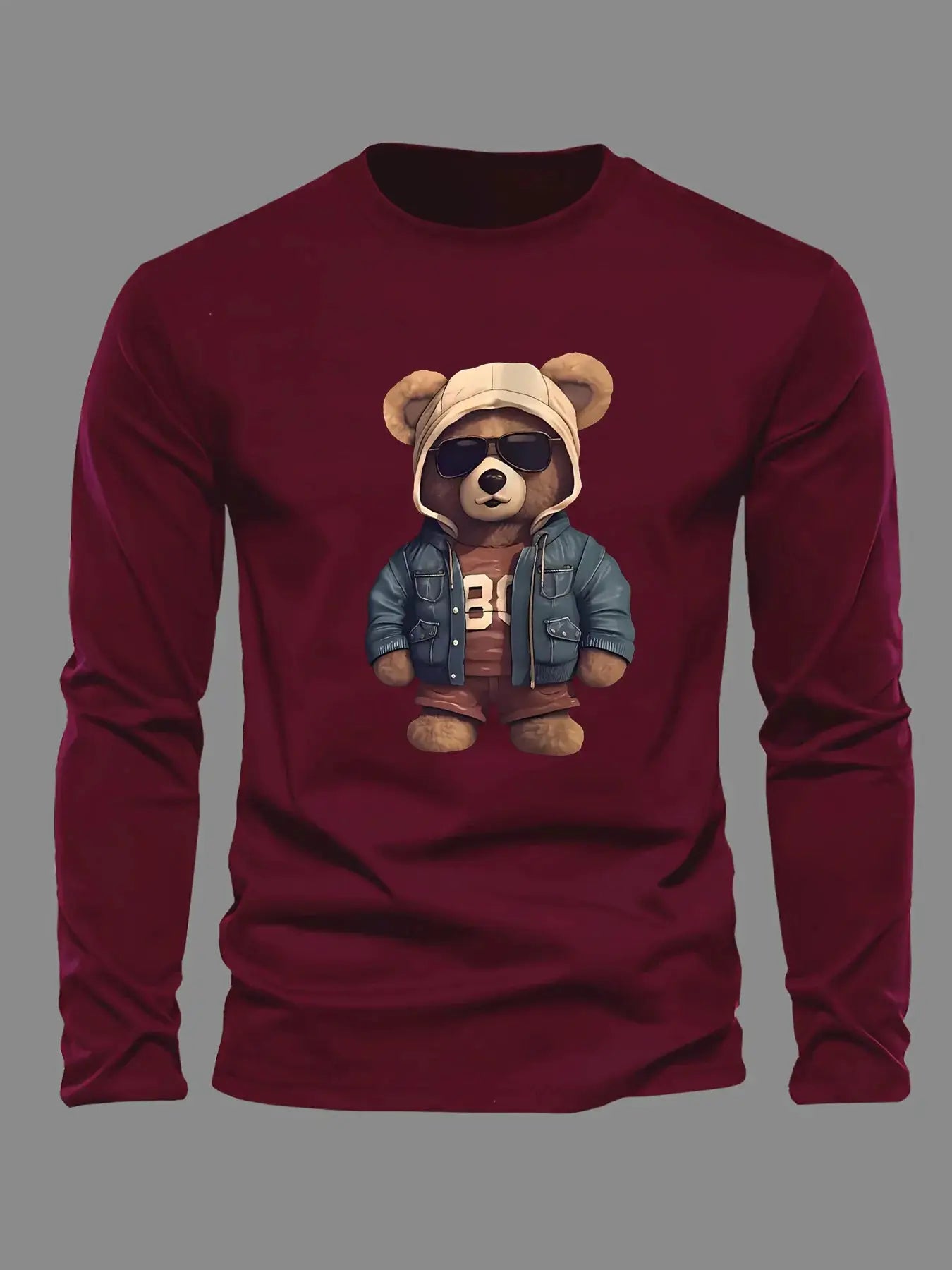 100 cotton men's casual long sleeved round neck loose bear pattern printed autumn and winter T-shirt top versatile by All Mart Bristol Ltd