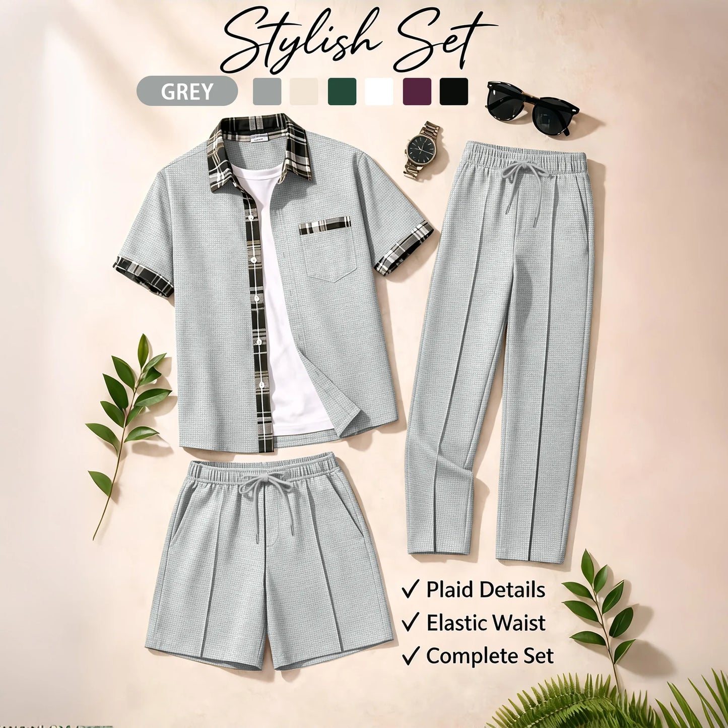 Men's 3 Piece Waffle Knit Tracksuit | Plaid Trim Button Up Shirt & Elastic Waist Shorts & Pants Set | Casual Stylish Outfit for by All Mart Bristol Ltd