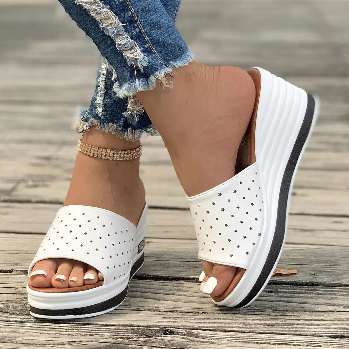 Fish Mouth Wedges Sandals Summer Fashion Hollow Design High Heels Slides Slippers Casual Beach Shoes For Women by Dropshipman