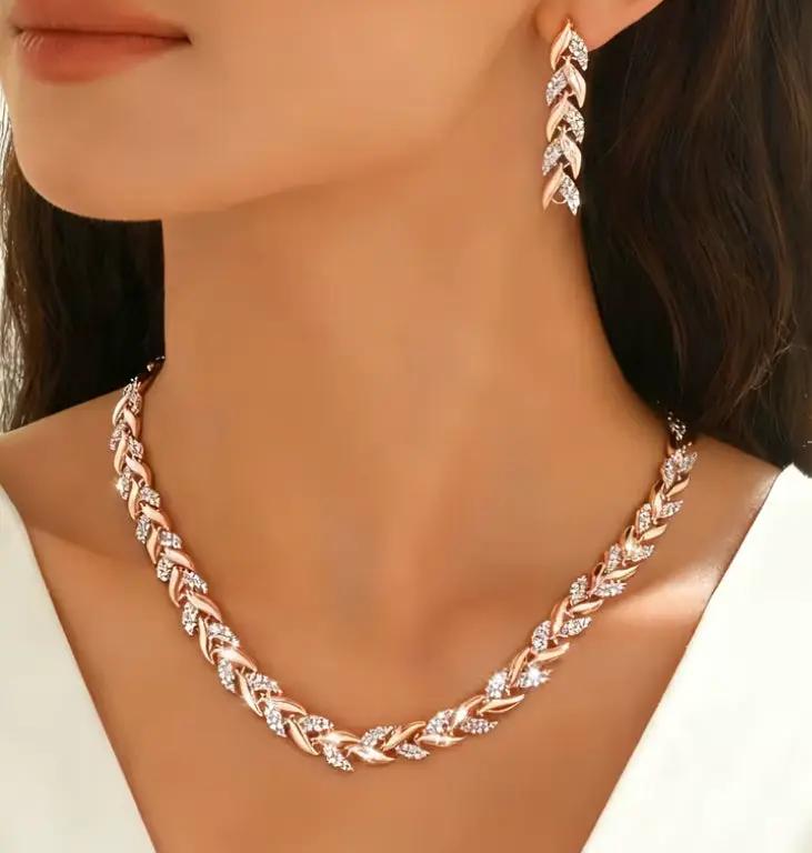 2PCS Glass Leaf Necklace Set Elegant Rhinestone Chain Necklace Bracelet For Women Fashion Luxury Jewelry Set by Dropshipman