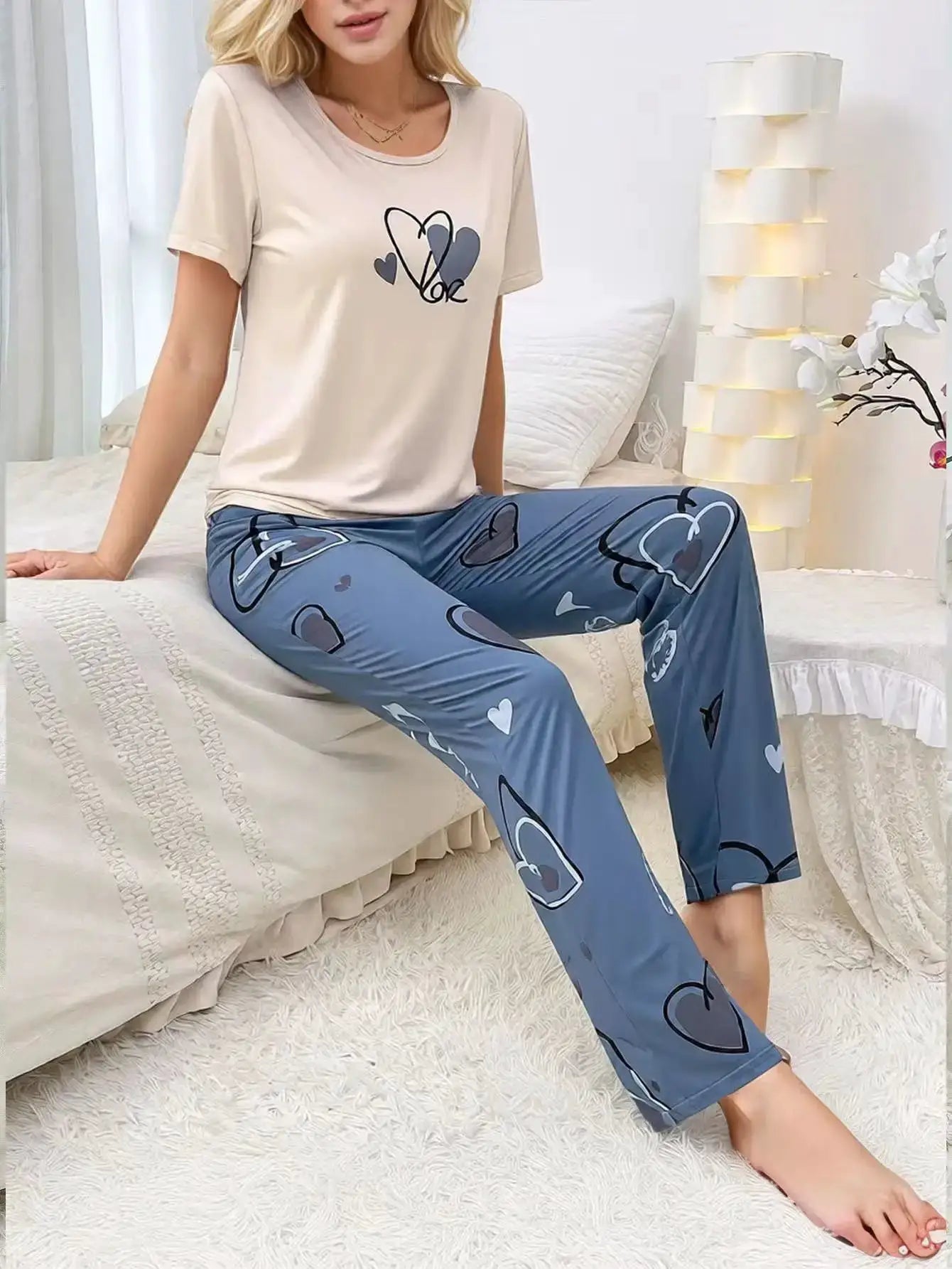 Women's Summer New Arrival Short Sleeve Sweatpants Thinner Simple Heart Casual Home Wear for Outdoor Wear Pajama by All Mart Bristol Ltd