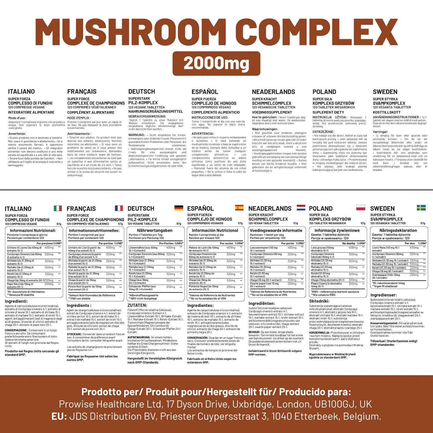 dvanced Mushroom Complex 2000mg | A super blend of 6 Mushroom with Lions Mane, Chaga, Cordyceps, Shiitake, Reishi and Maitake with Black Pepper | 120 Vegan High Strength Tablets | Made in UK by Prowise by Prowise Healthcare