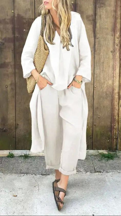 2pcs Long-sleeved Suits Loose V-neck Long Top And High Waist Wide Leg Pants With Pockets Women's Clothing by Dropshipman