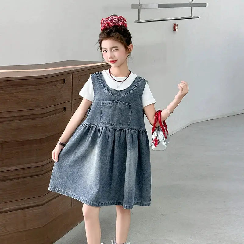 Kids Fashion Reversible Clothes Loose Fit Sleeveless Denim Vest Dress with Bow for Teens Girl Street Outfit Child Jeans Dress by All Mart Bristol Ltd