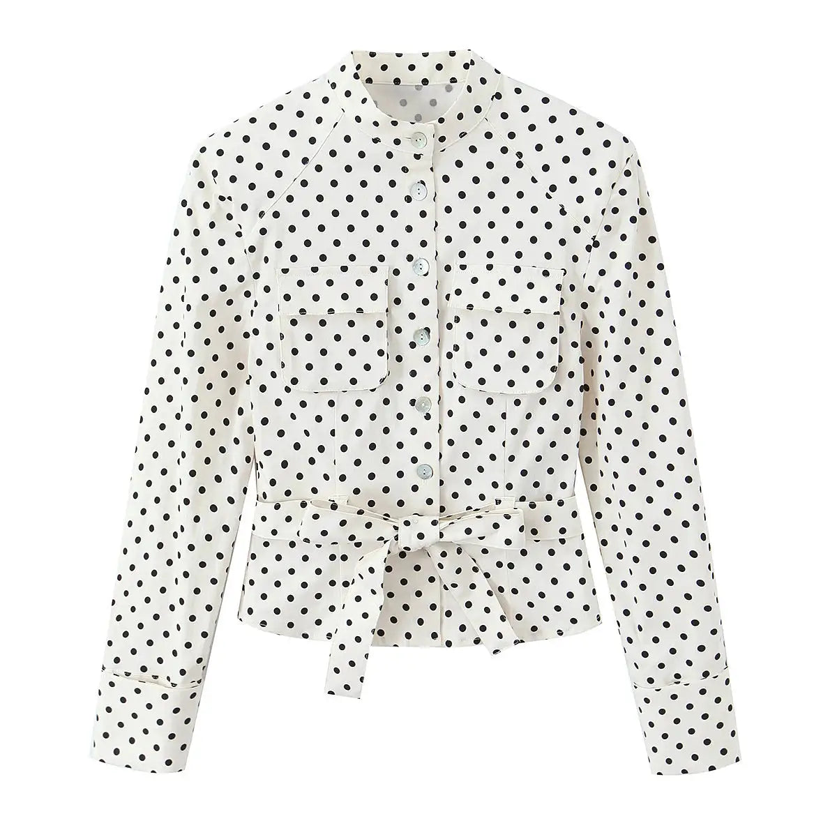 Elegant Chic Fitted Polka Dot 2 Piece Sets for Women Spring New Matching Sets Polka Dot Shirt Jacket with Tie Belt + Capri Pants by All Mart Bristol Ltd