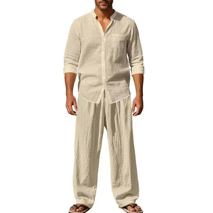 2026 Four Seasons Linen Men's Casual Loose Breathable Long Sleeve Pants Shirt Set by All Mart Bristol Ltd