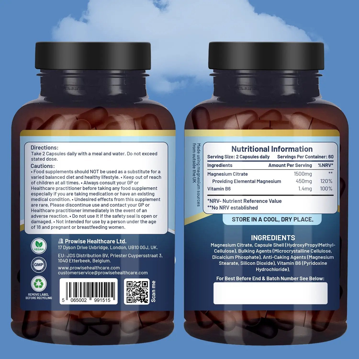 Magnesium Citrate Capsules 1500mg with Vitamin B6 by Prowise Healthcare