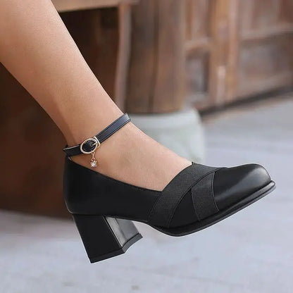 ORCHA LISA Women Pumps Daily Mary Shoes Chunky Heels Ankel Buckle Strap Black Spring Summer Round Toe Shallow Mixed Big Size 43 by All Mart Bristol Ltd