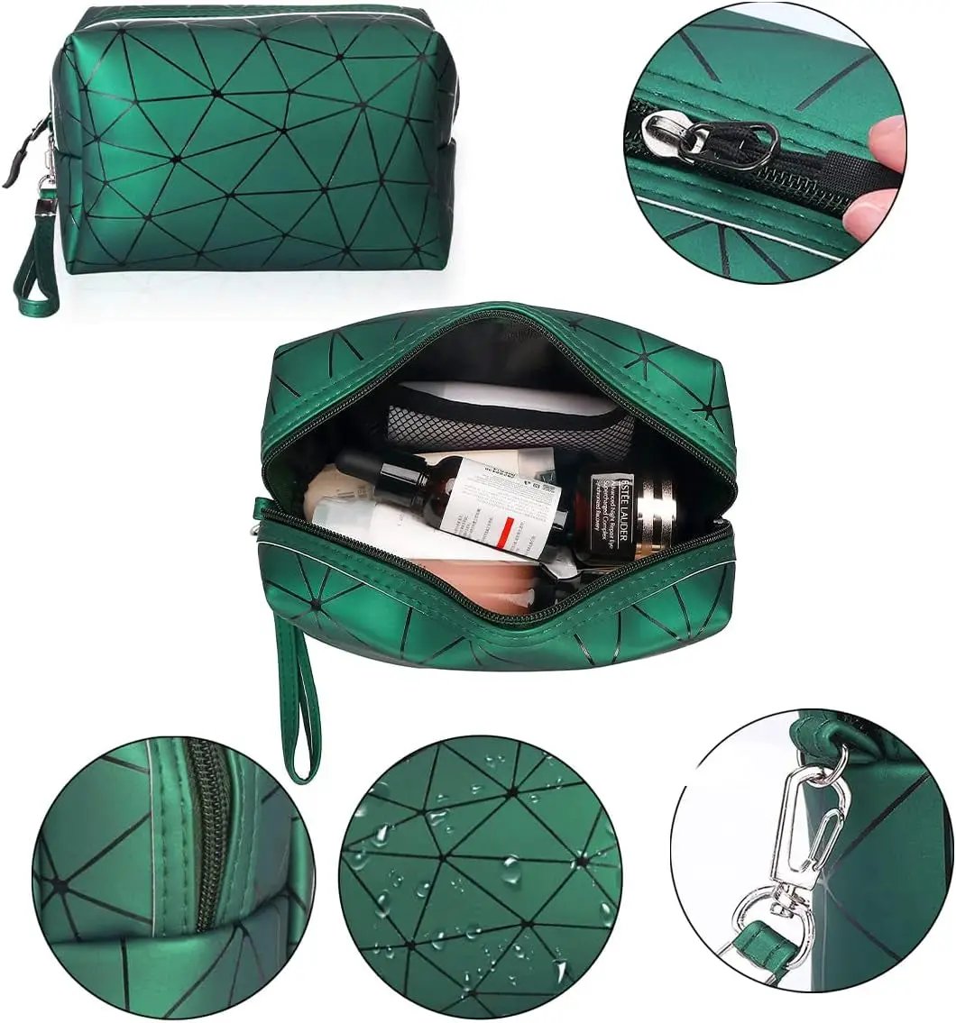 Stylish 3-Piece Makeup Bag Set - Double Layer Cosmetic Organizer & 2 Travel Toiletry Bags with Diamond Pattern in Elegant Green for Men and Women by All Mart Bristol Ltd