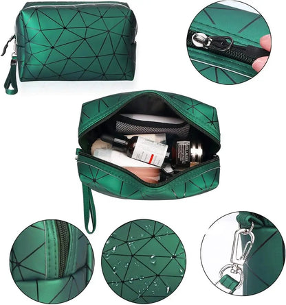 Stylish 3-Piece Makeup Bag Set - Double Layer Cosmetic Organizer & 2 Travel Toiletry Bags with Diamond Pattern in Elegant Green for Men and Women by All Mart Bristol Ltd