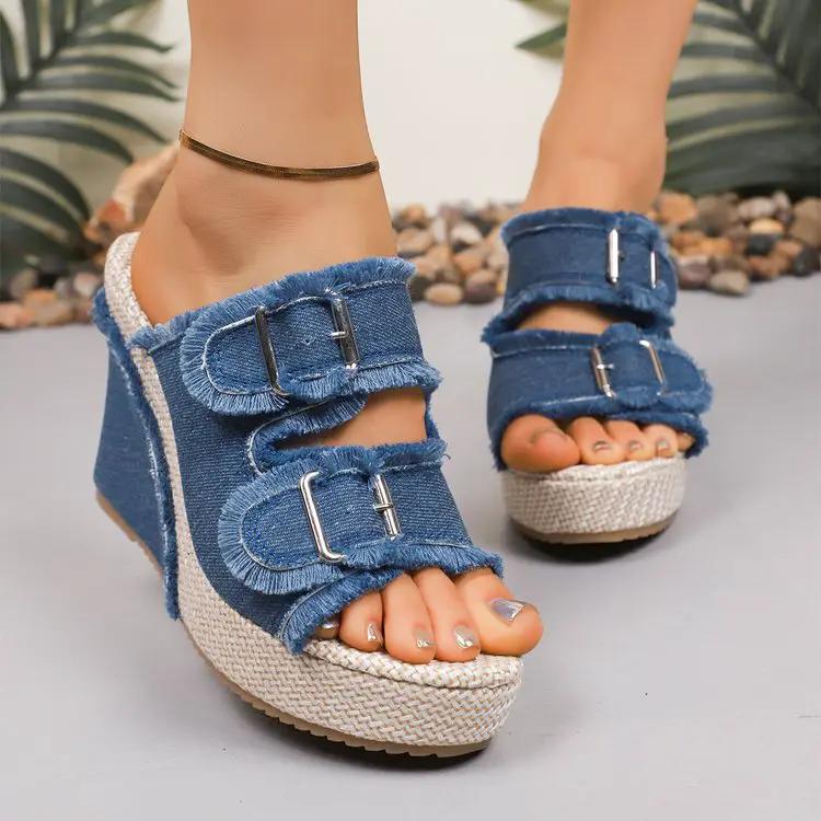 Plus Size Women's New Denim Slip-On Mule Sandals, Block Heel With Buckle Design, Summer Outdoor Casual Slippers by Dropshipman