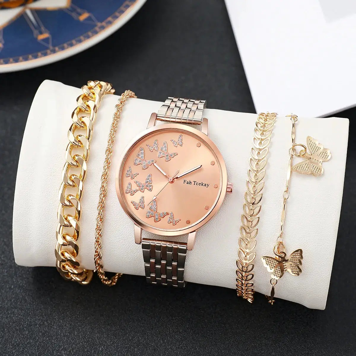 No gift box Fashion women's steel strap watch leisure butterfly diamond face quartz watch butterfly jewelry 5 piece set by All Mart Bristol Ltd
