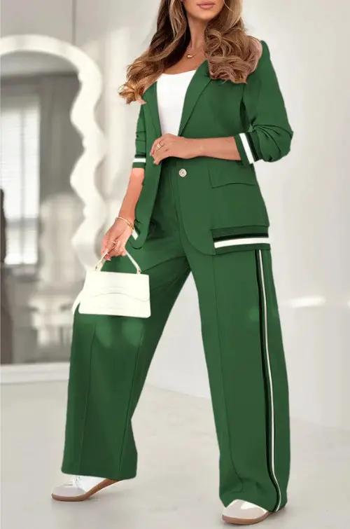 2 Pcs Set Women Suit Coat Pants Suit Lapel Long Sleeves Lady Jacket Wide Leg High Waist Trousers Female Commuting Office Outfit by Dropshipman