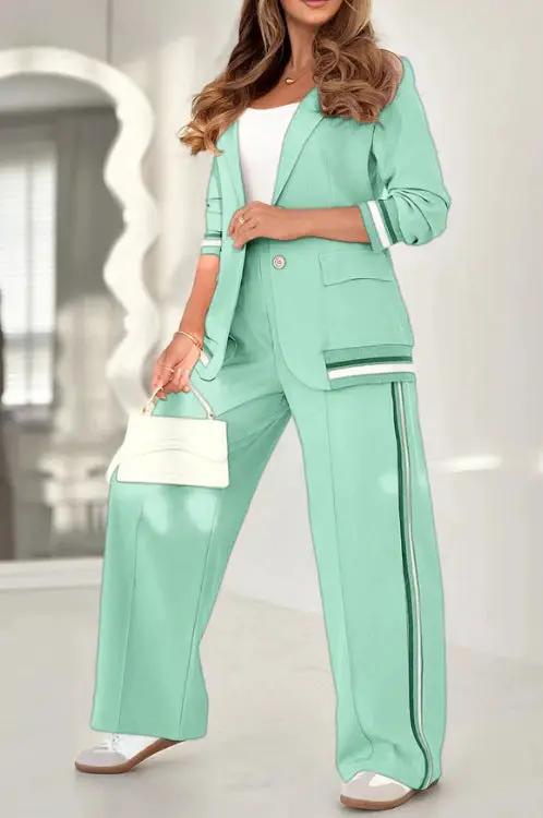 2 Pcs Set Women Suit Coat Pants Suit Lapel Long Sleeves Lady Jacket Wide Leg High Waist Trousers Female Commuting Office Outfit by Dropshipman