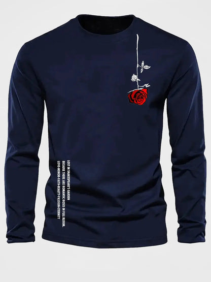100% pure cotton men's long sleeved round neck loose casual rose letter printed spring and autumn versatile T-shirt top by All Mart Bristol Ltd