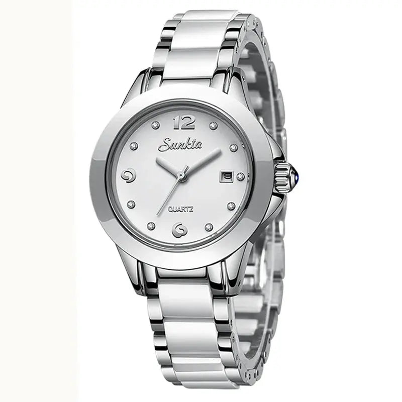 Sunkta Fashion Casual Quartz Woman Watch Elegant Luxury Ceramics Diamond Calendar Waterproof Ladies Women's Watches Montre Femme by All Mart Bristol Ltd