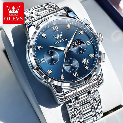 OLEVS Popular men's watches stainless steel black Moon Phase Chronograph quartz watch for man date Original brand wristwatch by All Mart Bristol Ltd
