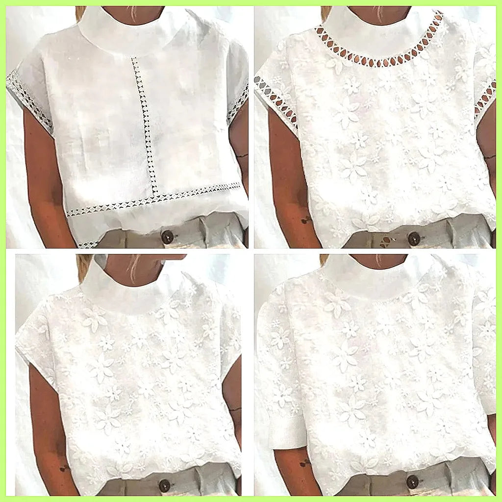 Women's Cotton Linen Pullover Shirt, Elegant Lace Trim Slim Fit Stand Collar Top for Summer Streetwear by All Mart Bristol Ltd