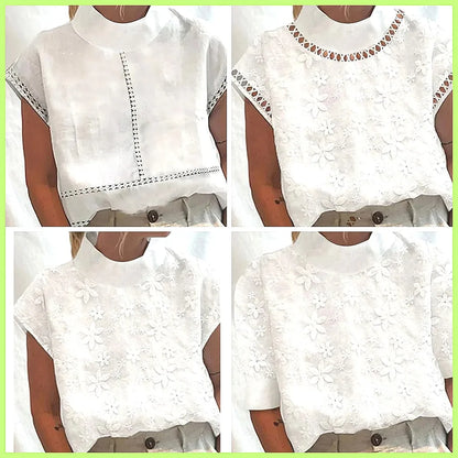 Women's Cotton Linen Pullover Shirt, Elegant Lace Trim Slim Fit Stand Collar Top for Summer Streetwear by All Mart Bristol Ltd