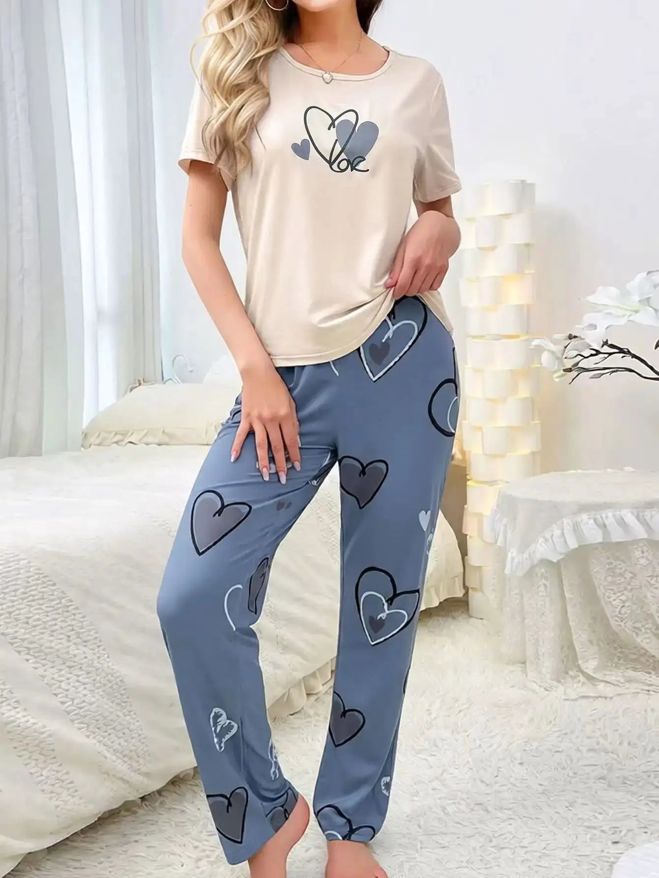 Women's Summer New Arrival Short Sleeve Sweatpants Thinner Simple Heart Casual Home Wear for Outdoor Wear Pajama by All Mart Bristol Ltd