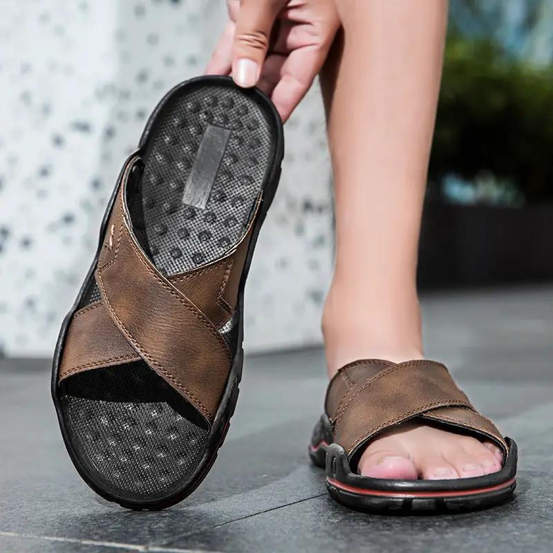 Outdoor Men's Shoes One-word Slippers Cowhide by Dropshipman