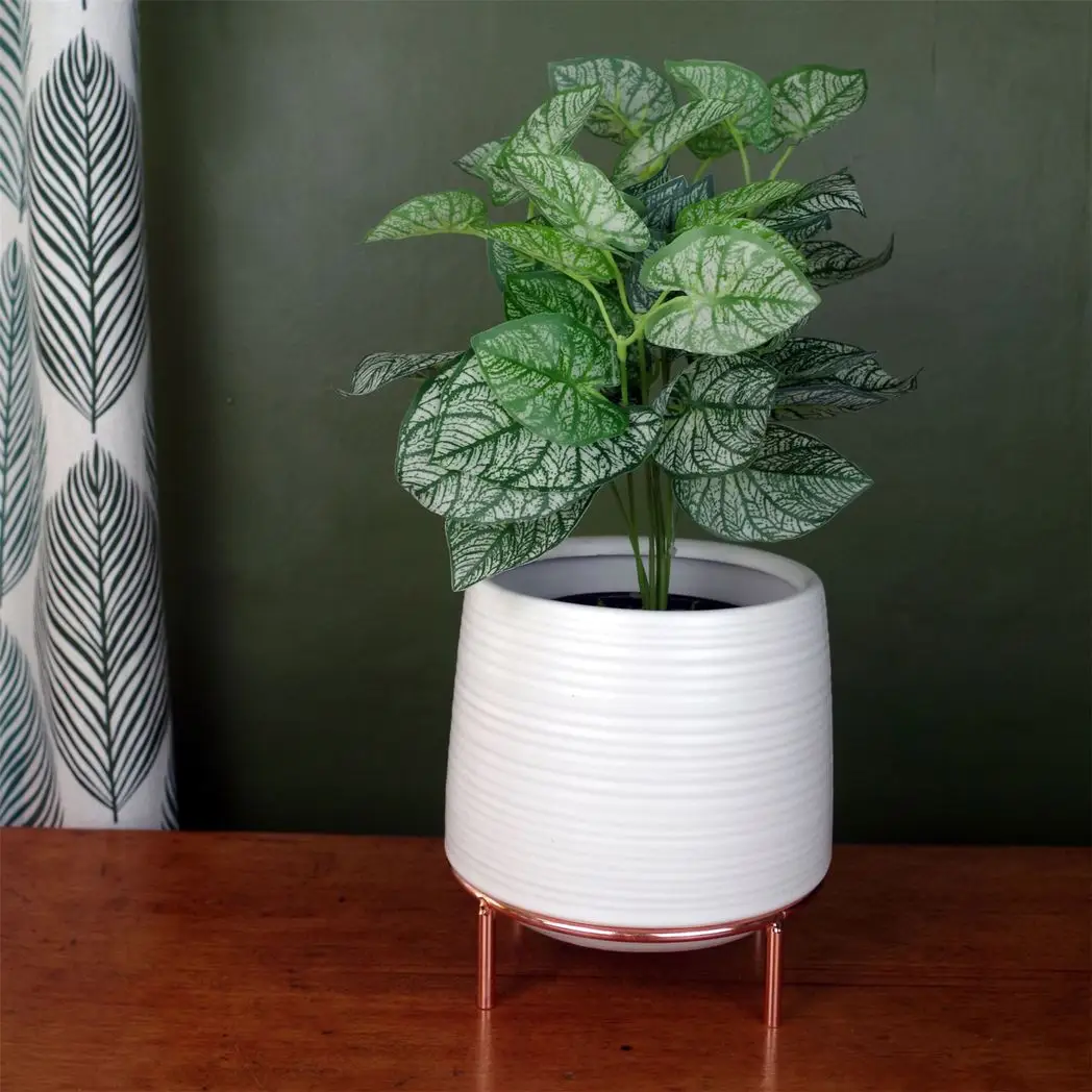 White Ceramic Planter Metal Stand Plant Pot by Leaf