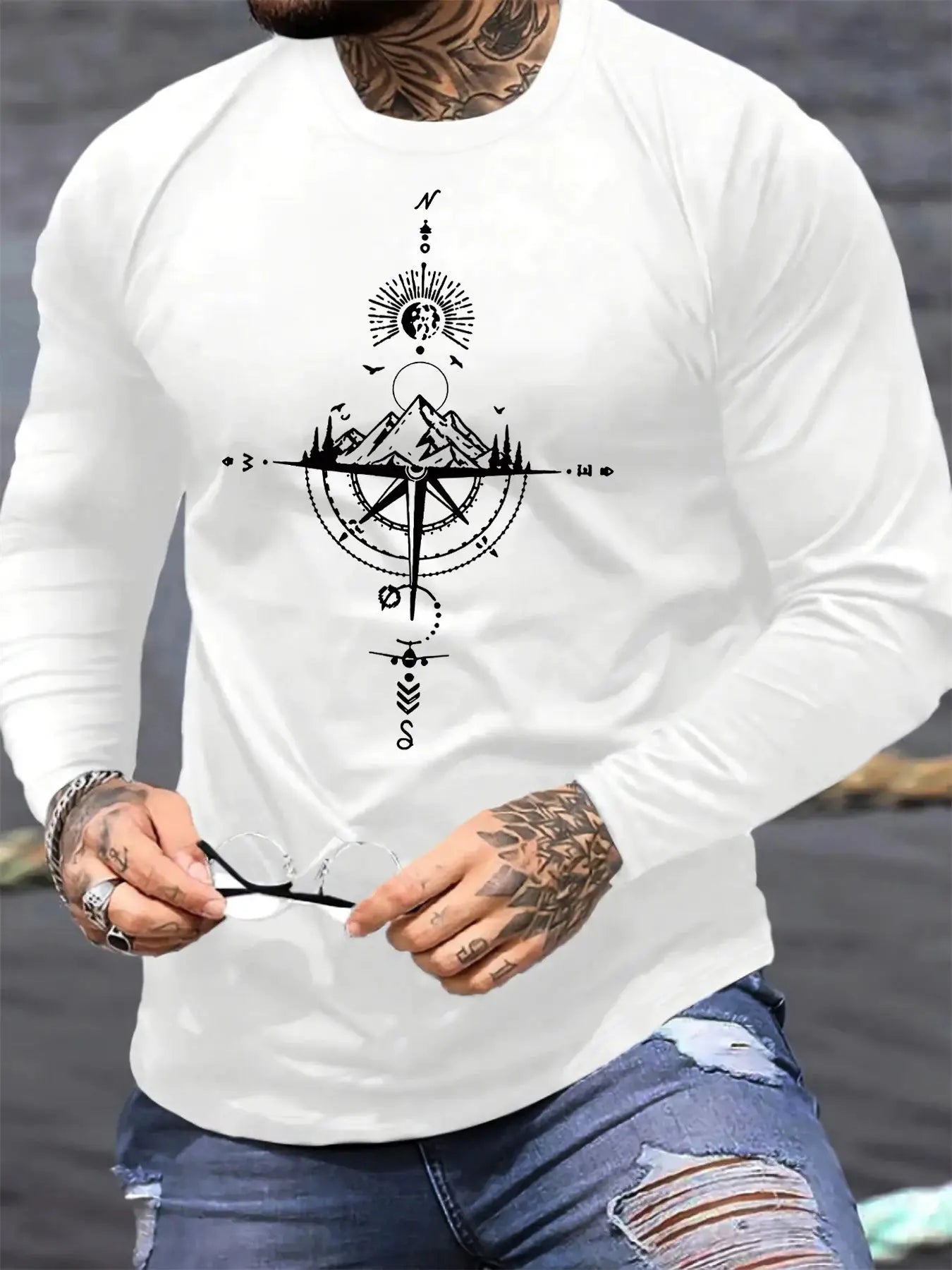 100% pure cotton men's long sleeved round neck loose casual mountain and compass printed spring and autumn versatile T-shirt by All Mart Bristol Ltd