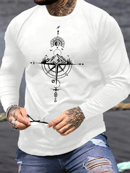 100% pure cotton men's long sleeved round neck loose casual mountain and compass printed spring and autumn versatile T-shirt by All Mart Bristol Ltd