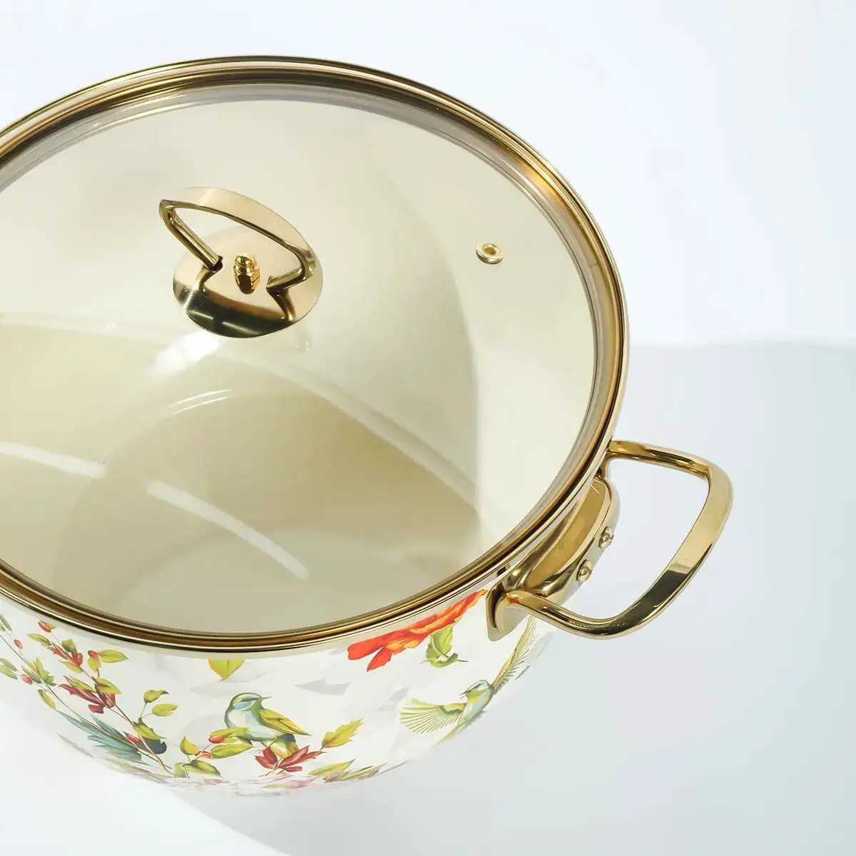 Floral Pattern Ceramic Stockpot, 1 Count Large Capacity Soup Pot Stew Pot with Glass Lid & Metal Handle, Household Cookware for Kitchen by All Mart Bristol Ltd