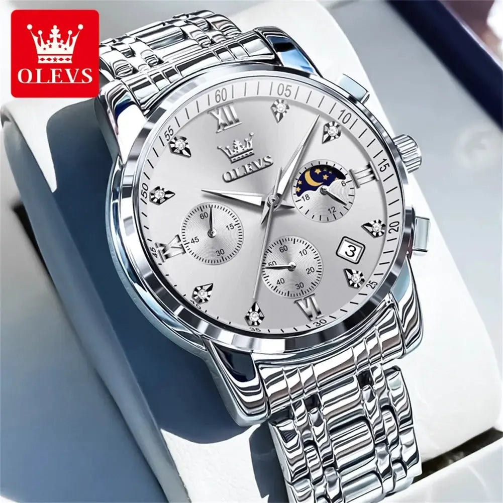 OLEVS Popular men's watches stainless steel black Moon Phase Chronograph quartz watch for man date Original brand wristwatch by All Mart Bristol Ltd