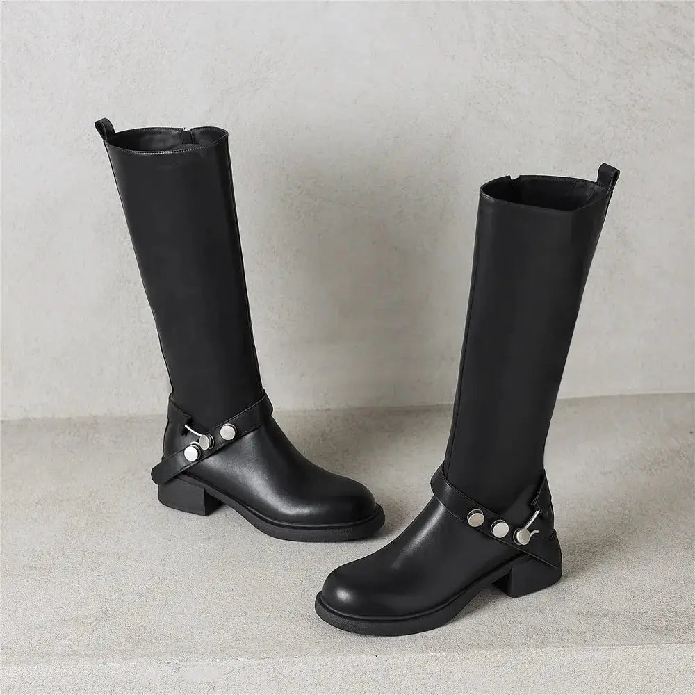 MILI-MIYA New Women's Cowhide Riding Boots Round-Toe Chunky Heel Solid-Colour Knee-High Boots Classic Metal Buckle Detail Handma by All Mart Bristol Ltd