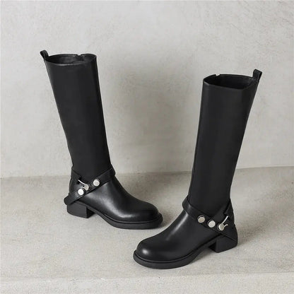 MILI-MIYA New Women's Cowhide Riding Boots Round-Toe Chunky Heel Solid-Colour Knee-High Boots Classic Metal Buckle Detail Handma by All Mart Bristol Ltd