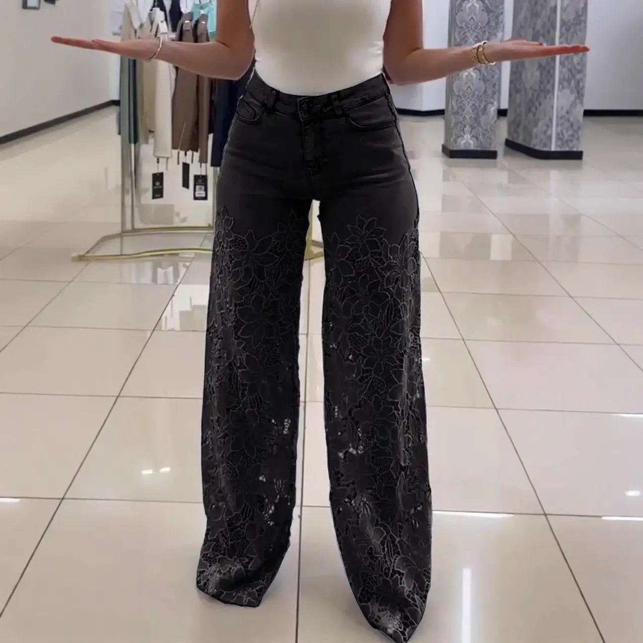 Y2K Lace Flowers Hollow Jeans Fashion High Waist Straight Wide Leg Pants Solid Color Trousers Women's Clothing by Dropshipman