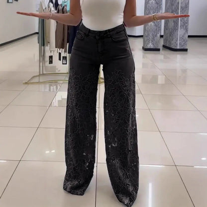 Y2K Lace Flowers Hollow Jeans Fashion High Waist Straight Wide Leg Pants Solid Color Trousers Women's Clothing by Dropshipman