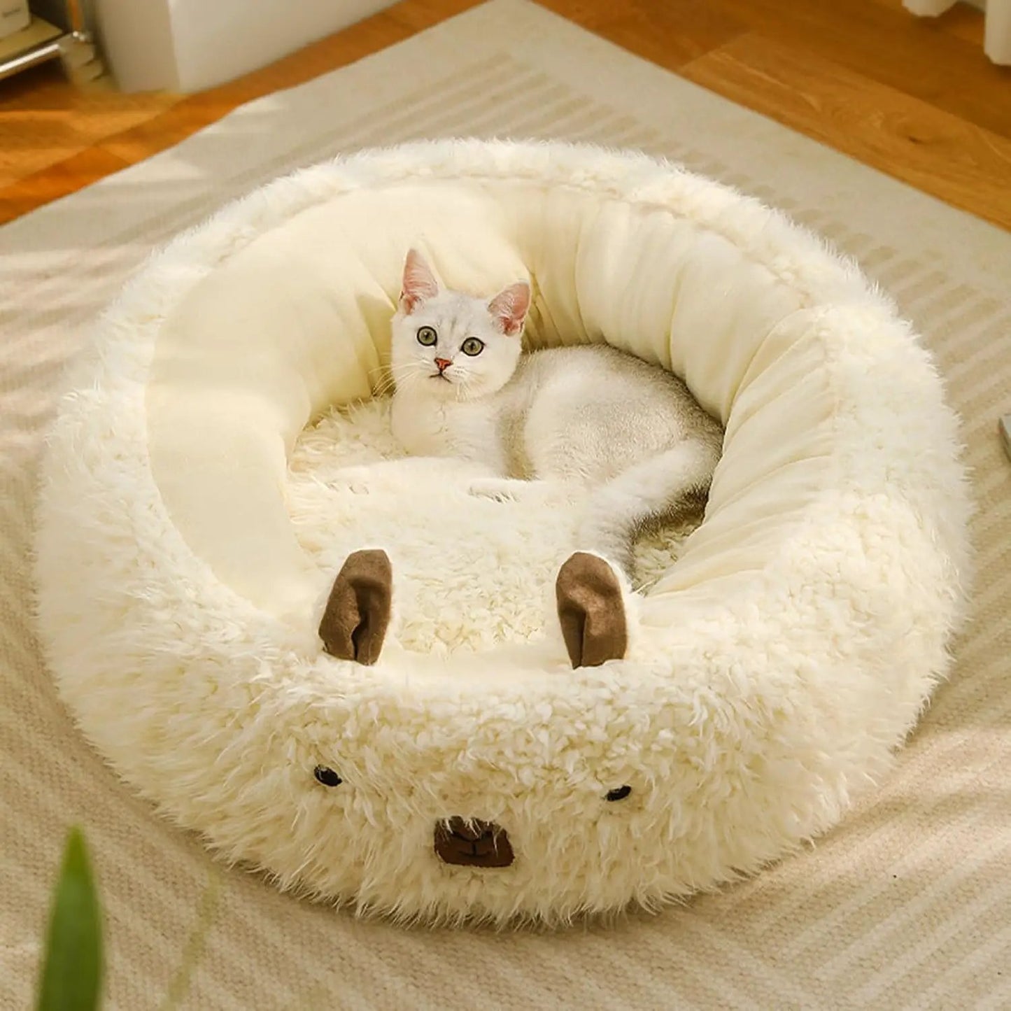 Cut Alpaca Pet Bed For Small Medium Large Dogs Cats Calming Dog Bed Cat Beds With Detachable Plush Pads Anti Slip Bottom Raised Edges Cat Litter Winter Warm Nest White by Dropshipman