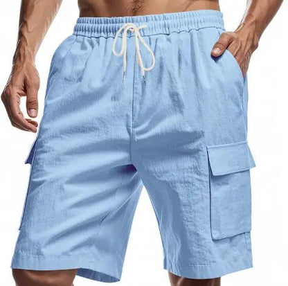 Loose Sports And Leisure Solid Color Linen Drawstring Shorts by Dropshipman