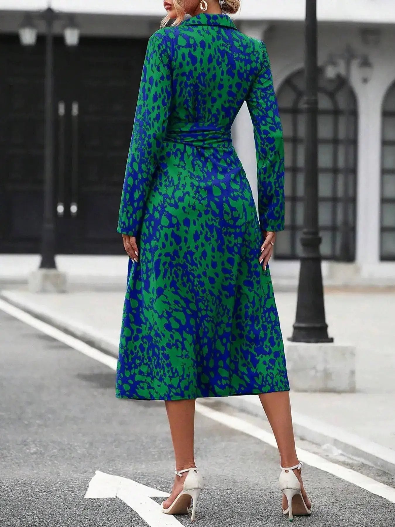 Women'S Spring Autumn Elegant Boho Casual Wear Geometric Tie Dye Print Button Front Belt Midi Dress, Long Sleeve Fitted Design, Multiple Color Options, Womenswear by All Mart Bristol Ltd