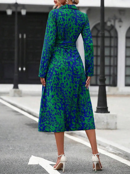 Women'S Spring Autumn Elegant Boho Casual Wear Geometric Tie Dye Print Button Front Belt Midi Dress, Long Sleeve Fitted Design, Multiple Color Options, Womenswear by All Mart Bristol Ltd