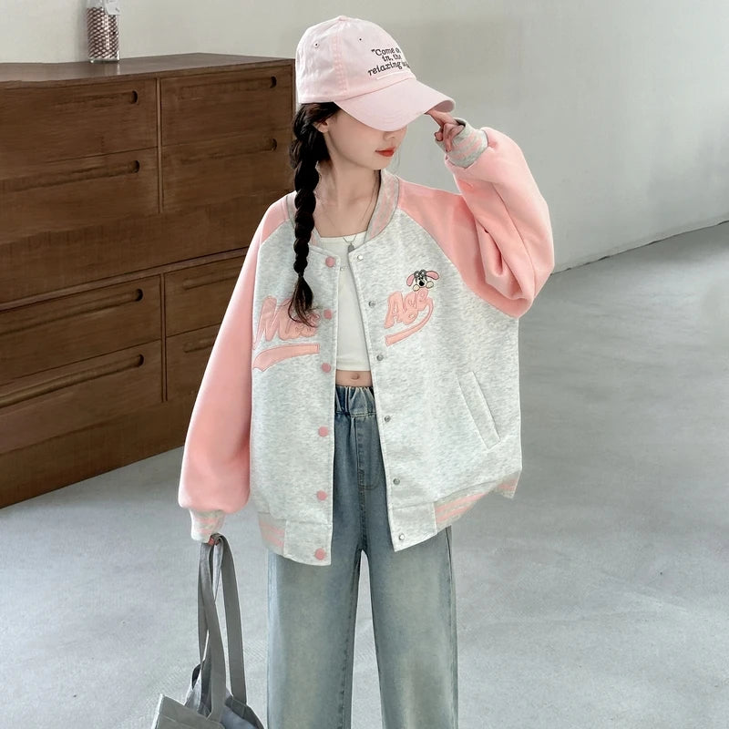 Teenage Girls Casual Baseball-Uniform Coat Loose Style Kids Spring Autumn Sporty Jacket Children New Arrival Sports Costume by All Mart Bristol Ltd