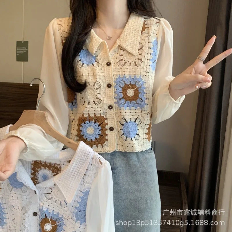 New Embroidered Lace Collar Short-Sleeved Chiffon Blouse for Women - Minimalist Chic Style, with Open and Loose Fit Top. by All Mart Bristol Ltd