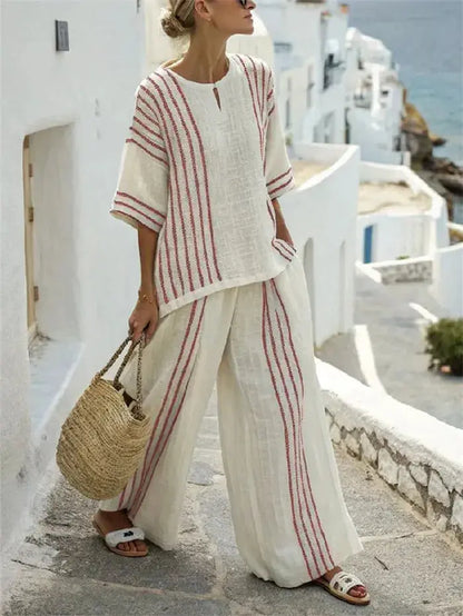 Breathable Casual Set Striped Cotton Print Tee Set Comfortable Lightweight Wideleg Pants Set Summer Two Piece Relaxed Outfit by All Mart Bristol Ltd
