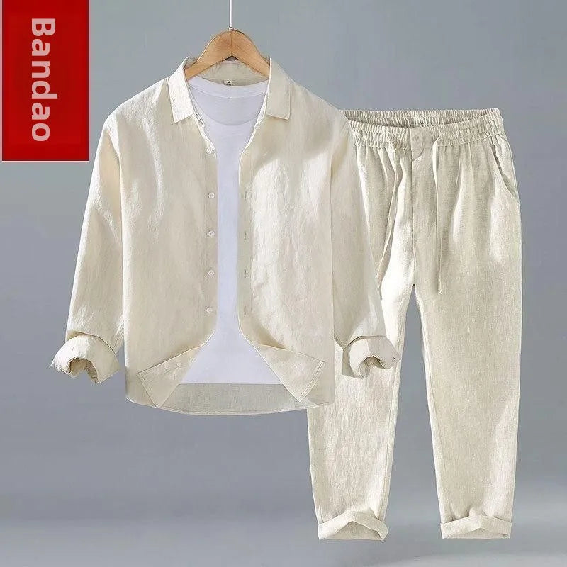 Men's Long Sleeve Linen Shirt Casual Summer New Style Drapey Cotton Linen Shirt Pure Color Pants Youth Fashion Clothing by All Mart Bristol Ltd