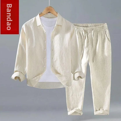 Men's Long Sleeve Linen Shirt Casual Summer New Style Drapey Cotton Linen Shirt Pure Color Pants Youth Fashion Clothing by All Mart Bristol Ltd