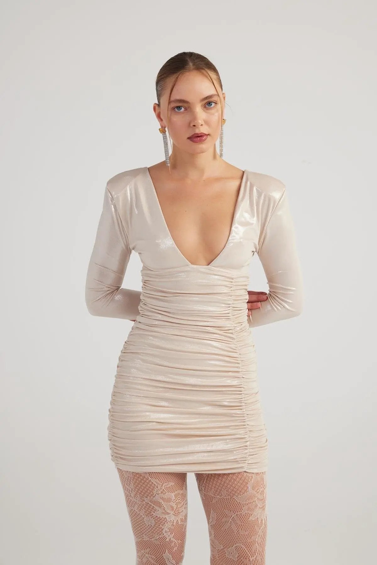 Karly Beige Shiny Mini Dress by Holly Lolly