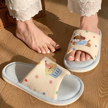 Women's Cartoon Embroidery Linen Slippers, Breathable Cotton Linen House Shoes, Comfortable Non-Slip Indoor Home Slides by All Mart Bristol Ltd