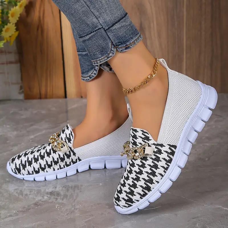 Casual Houndstooth Print Chain Mesh Shoes Summer Walking Sports Flat Shoes Women Breathable Loafers by Dropshipman