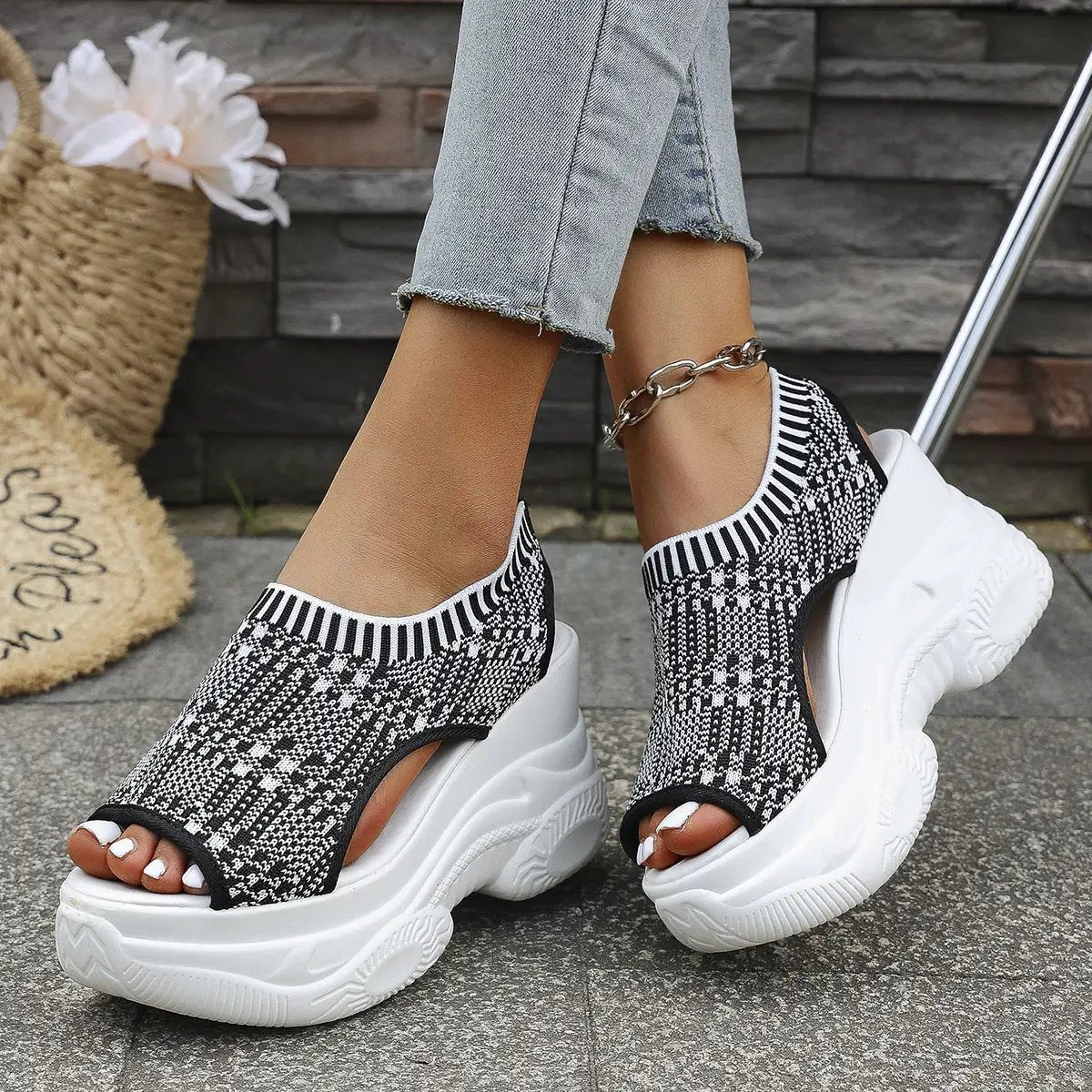 Summer New Thick-Soled Slip-On Flyknit Peep-Toe Sporty Sandals For Women by Dropshipman