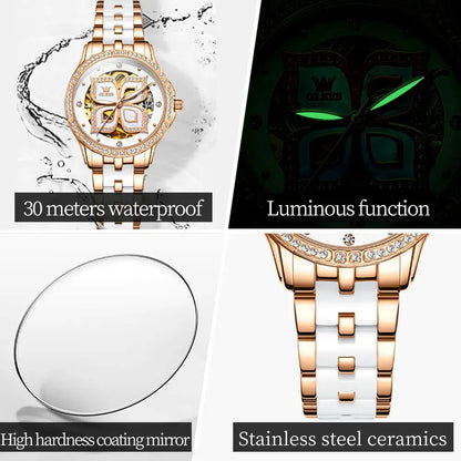 OLEVS Elegant Fashion Women's Watches Lucky Four-Leaf Clover Dial Original Brand Automatic Mechanical Wristwatch Ceramics Strap by All Mart Bristol Ltd