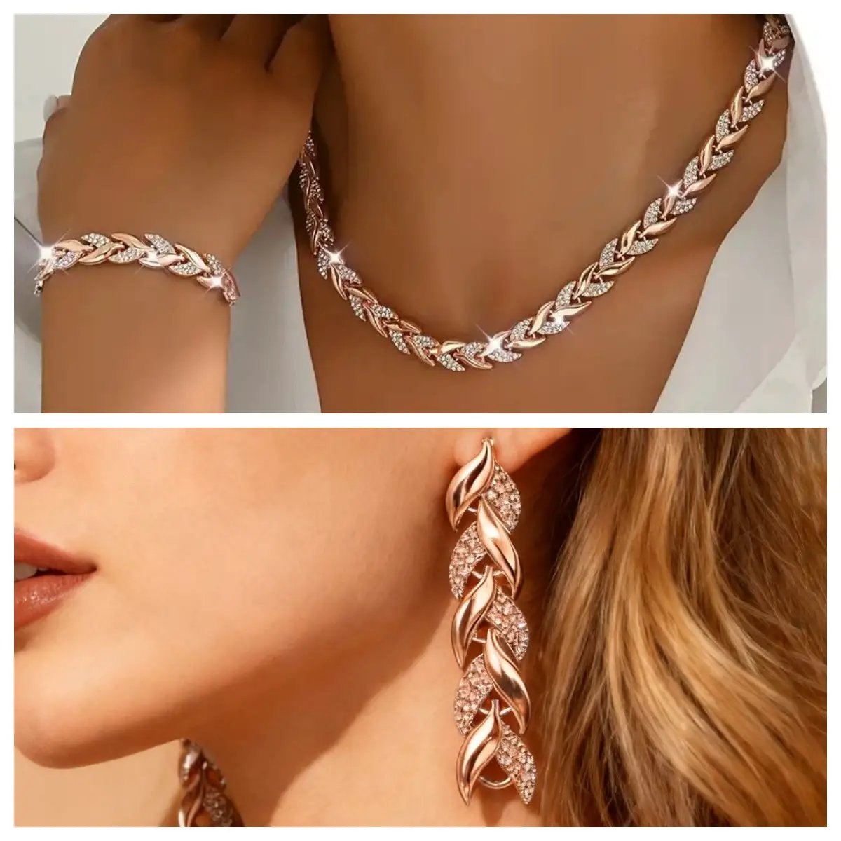 2PCS Glass Leaf Necklace Set Elegant Rhinestone Chain Necklace Bracelet For Women Fashion Luxury Jewelry Set by Dropshipman